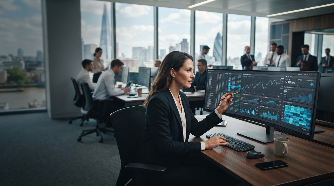 Global PayPulse trading risk dashboard visualised over a dark data grid